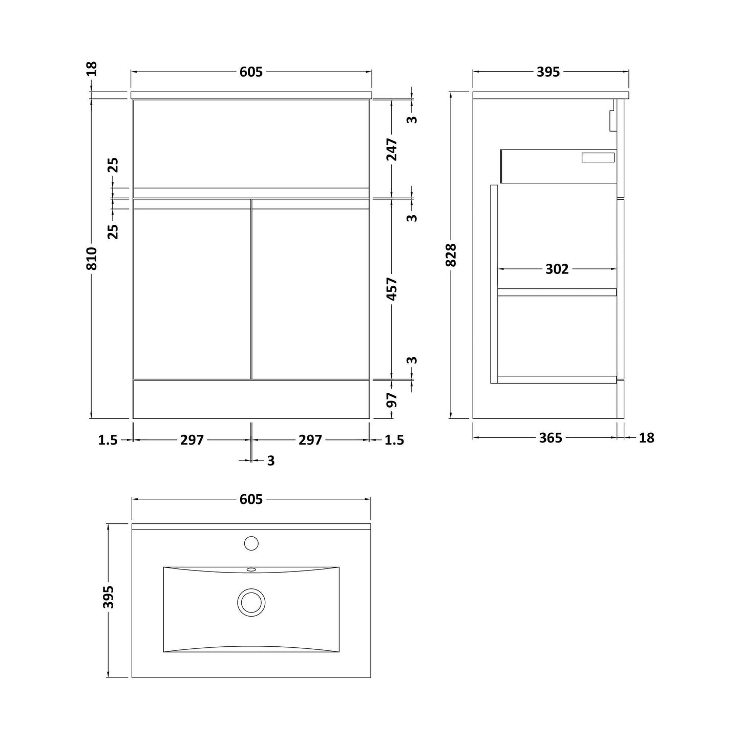 [BFRA103B] Mavesyn Contemporary 2 Door 1 Drawer Floor Standing Vanity Unit with Minimalist Basin, Satin White, 600mm - Technical Drawing