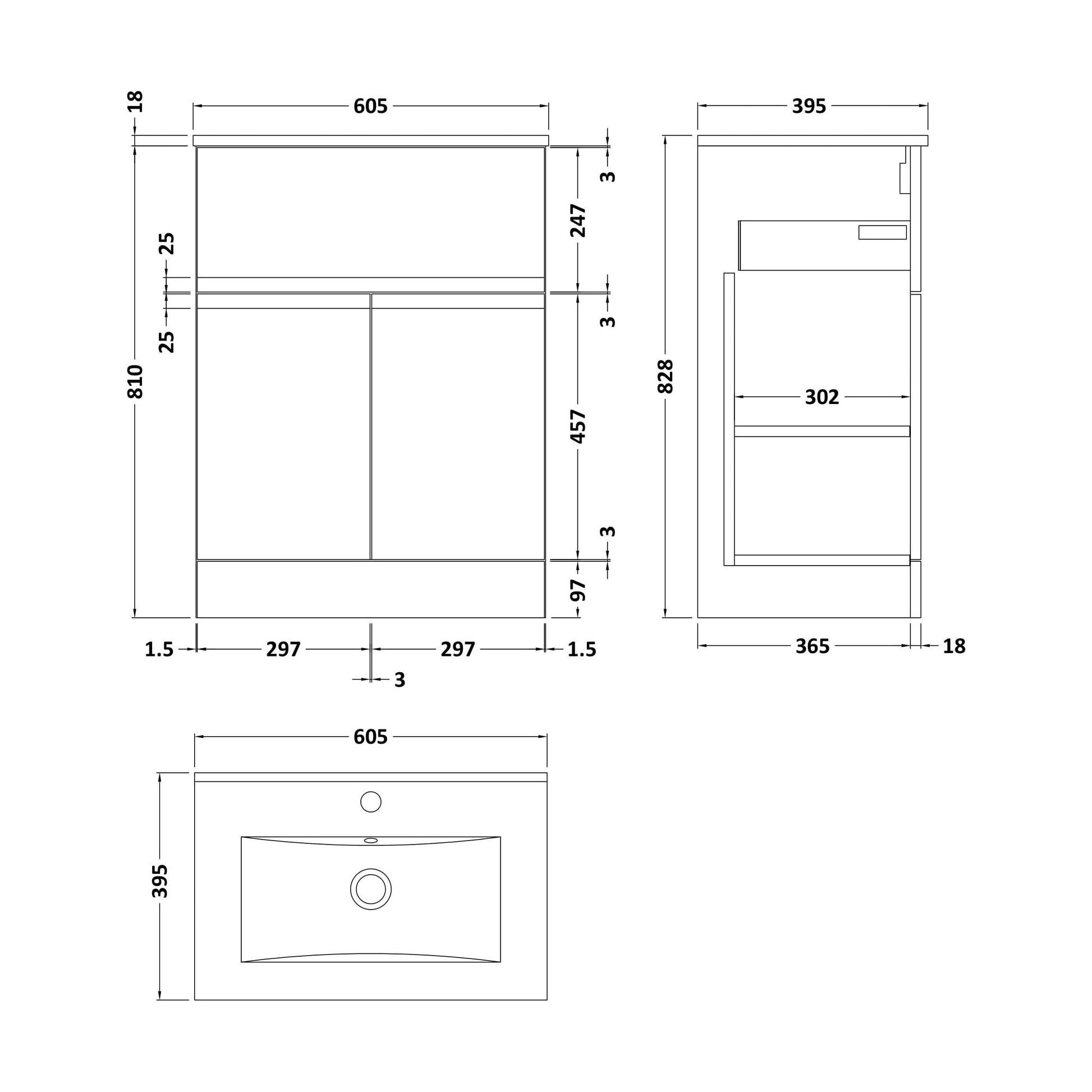 [BFRA103B] Mavesyn Contemporary 2 Door 1 Drawer Floor Standing Vanity Unit with Minimalist Basin, Satin White, 600mm - Technical Drawing