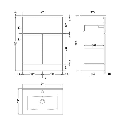 [BFRA103B] Mavesyn Contemporary 2 Door 1 Drawer Floor Standing Vanity Unit with Minimalist Basin, Satin White, 600mm - Technical Drawing