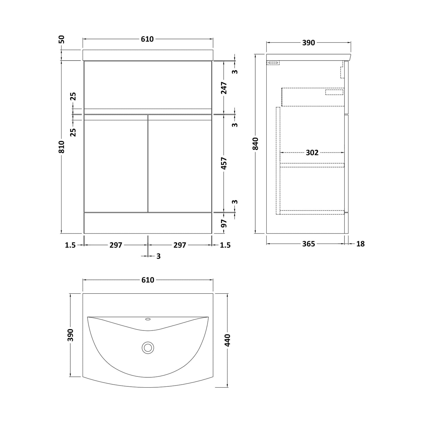 [BFRA103G] Mavesyn Contemporary 2 Door 1 Drawer Floor Standing Vanity Unit with Curved Basin, Satin White, 600mm - Technical Drawing