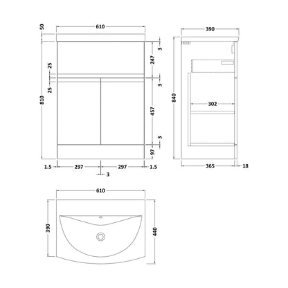 [BFRA103G] Mavesyn Contemporary 2 Door 1 Drawer Floor Standing Vanity Unit with Curved Basin, Satin White, 600mm - Technical Drawing
