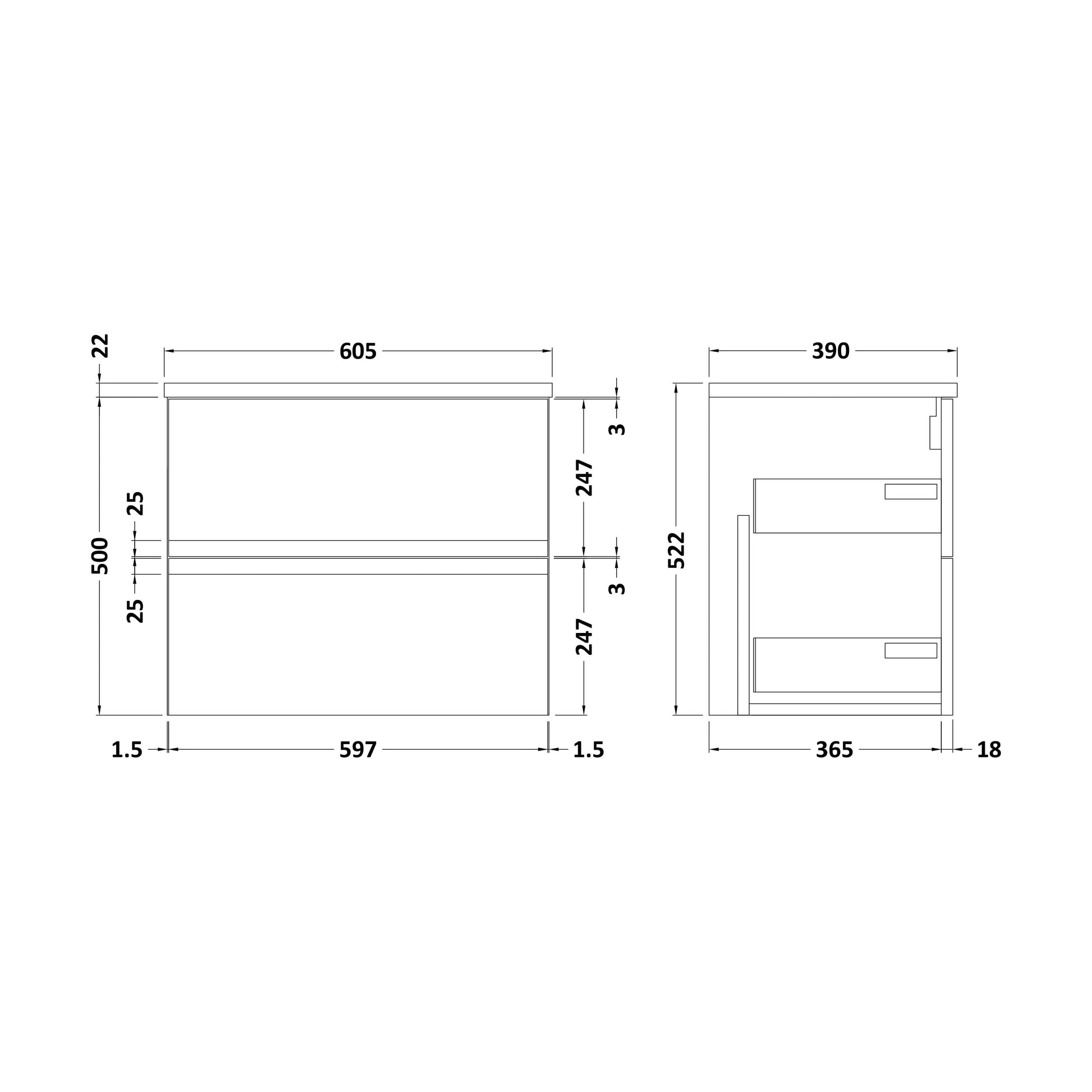 [BFRA104LBG] Mavesyn Contemporary 2 Drawer Wall Hung Vanity Unit with Laminate Worktop, Satin White, 600mm - Technical Drawing