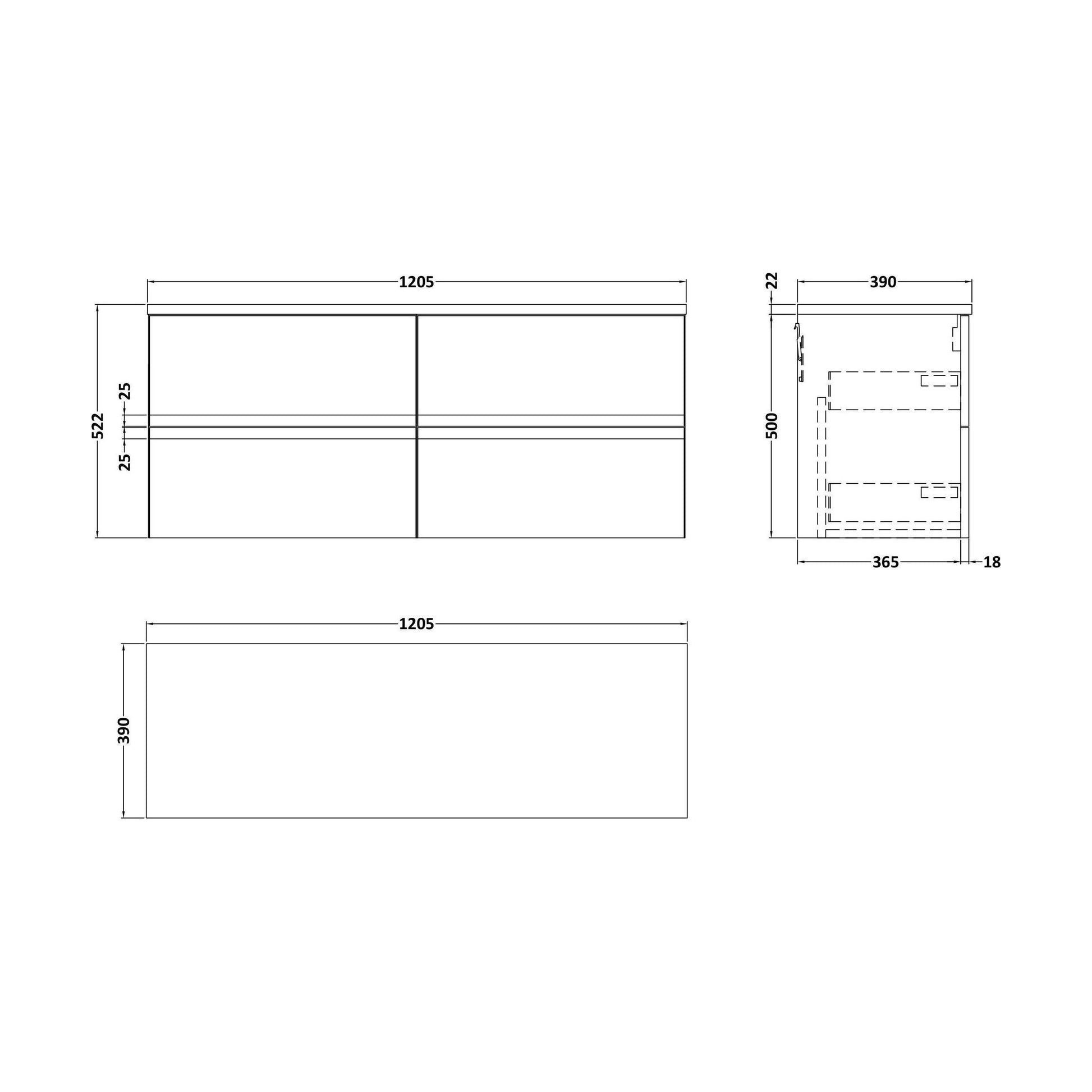 [BFRA104LCM2] Mavesyn Contemporary 4 Drawer Wall Hung Vanity Unit with Laminate Worktop, Satin White, 1205mm - Technical Drawing