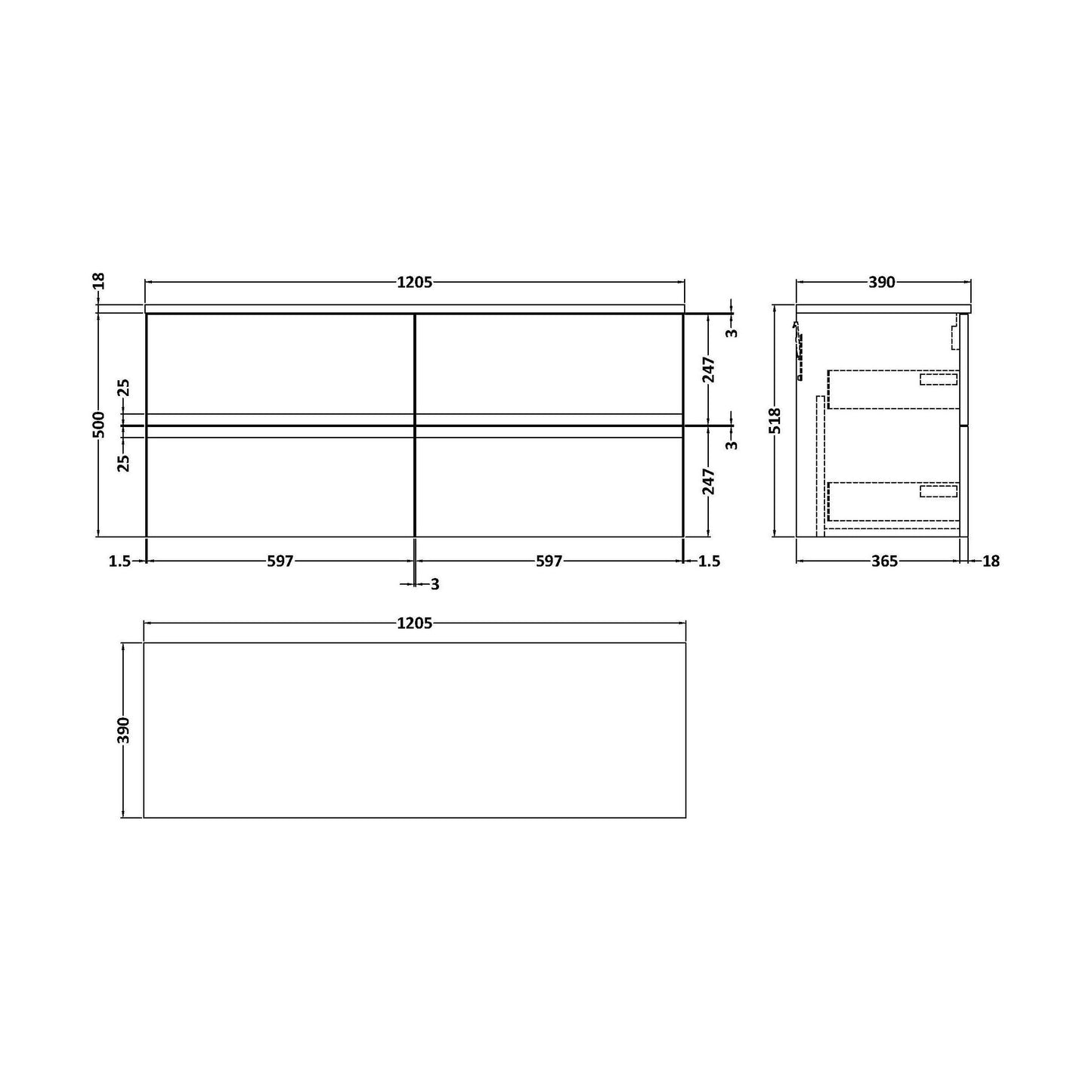 [BFRA104W2] Mavesyn Contemporary 4 Drawer Wall Hung Vanity Unit with Worktop, Satin White, 1200mm - Technical Drawing