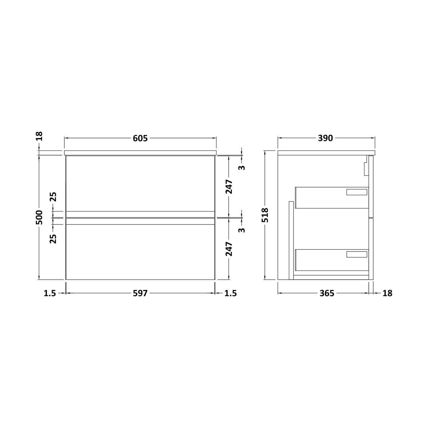 [BFRA104W] Mavesyn Contemporary 2 Drawer Wall Hung Vanity Unit with Worktop, Satin White, 600mm - Technical Drawing