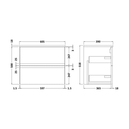 [BFRA104W] Mavesyn Contemporary 2 Drawer Wall Hung Vanity Unit with Worktop, Satin White, 600mm - Technical Drawing