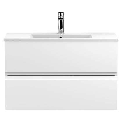 [BFRA106B] Mavesyn Contemporary 2 Drawer Wall Hung Vanity Unit with Minimalist Basin, Satin White, 800mm - Cutout