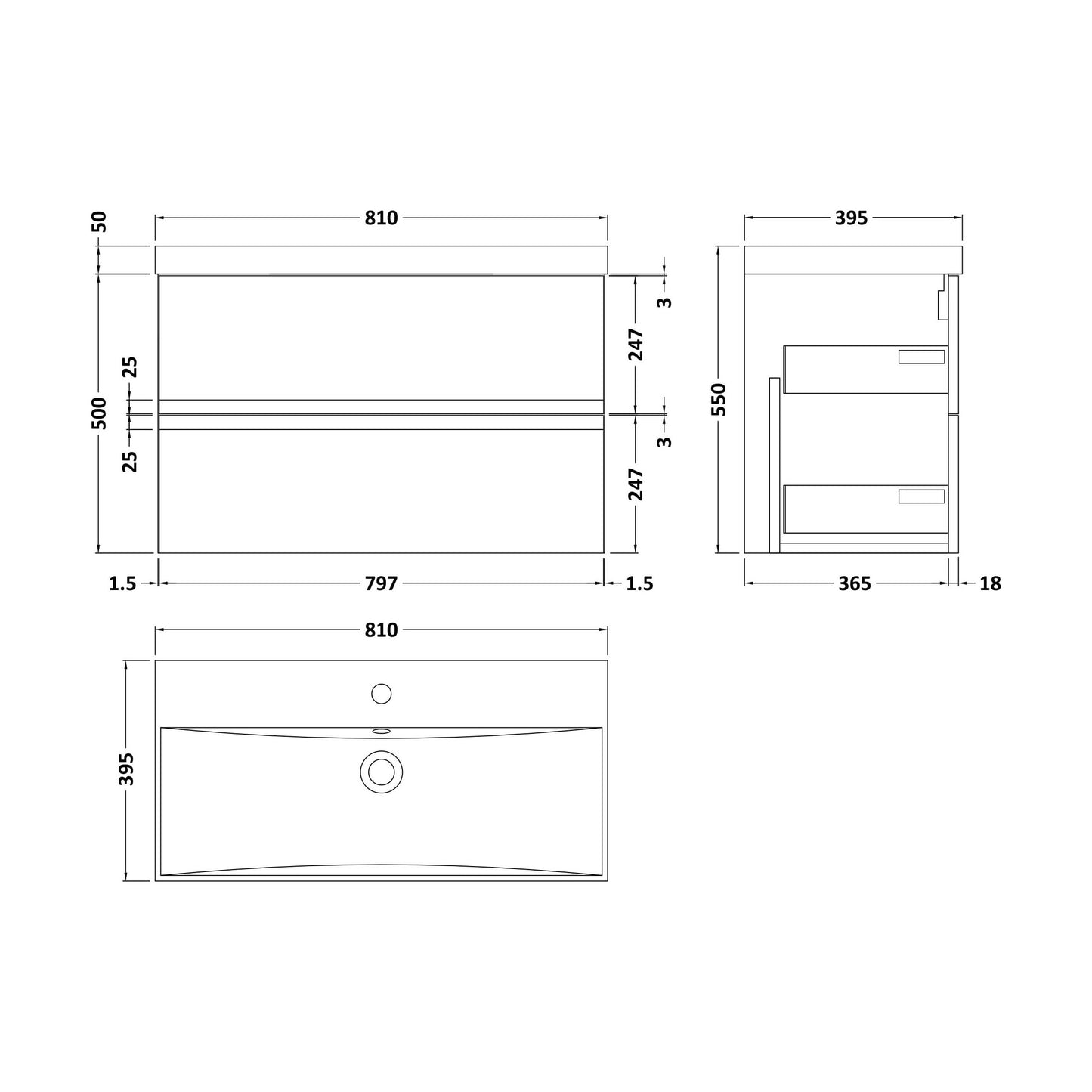 [BFRA106D] Mavesyn Contemporary 2 Drawer Wall Hung Vanity Unit with Thin Edge Basin, Satin White, 800mm - Technical Drawing