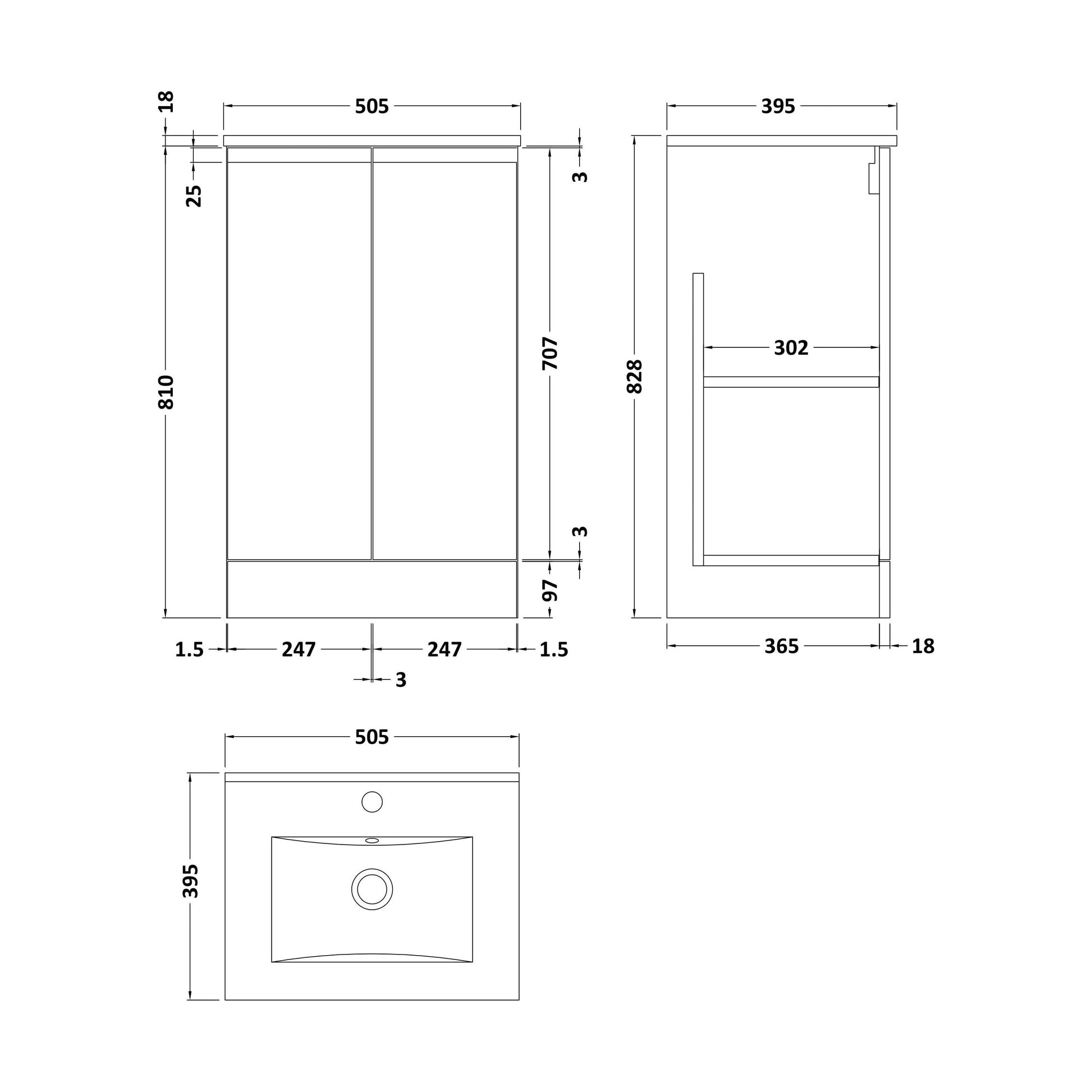[BFRA107B] Mavesyn Contemporary 2 Door Floor Standing Vanity Unit with Minimalist Basin, Satin White, 500mm - Technical Drawing