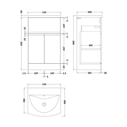 [BFRA1401G] Mavesyn Contemporary 2 Door 1 Drawer Floor Standing Vanity Unit with Curved Basin, Dark Grey, 500mm - Technical Drawing