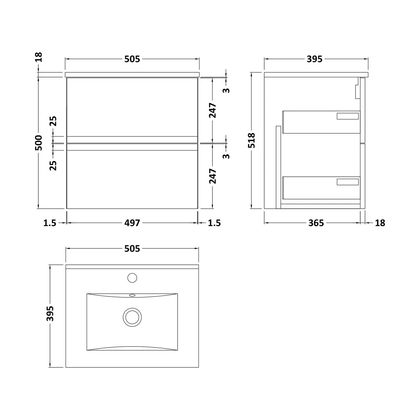[BFRA1402B] Mavesyn Contemporary 2 Drawer Wall Hung Vanity Unit with Minimalist Basin, Dark Grey, 500mm - Technical Drawing