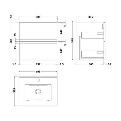 [BFRA1402B] Mavesyn Contemporary 2 Drawer Wall Hung Vanity Unit with Minimalist Basin, Dark Grey, 500mm - Technical Drawing