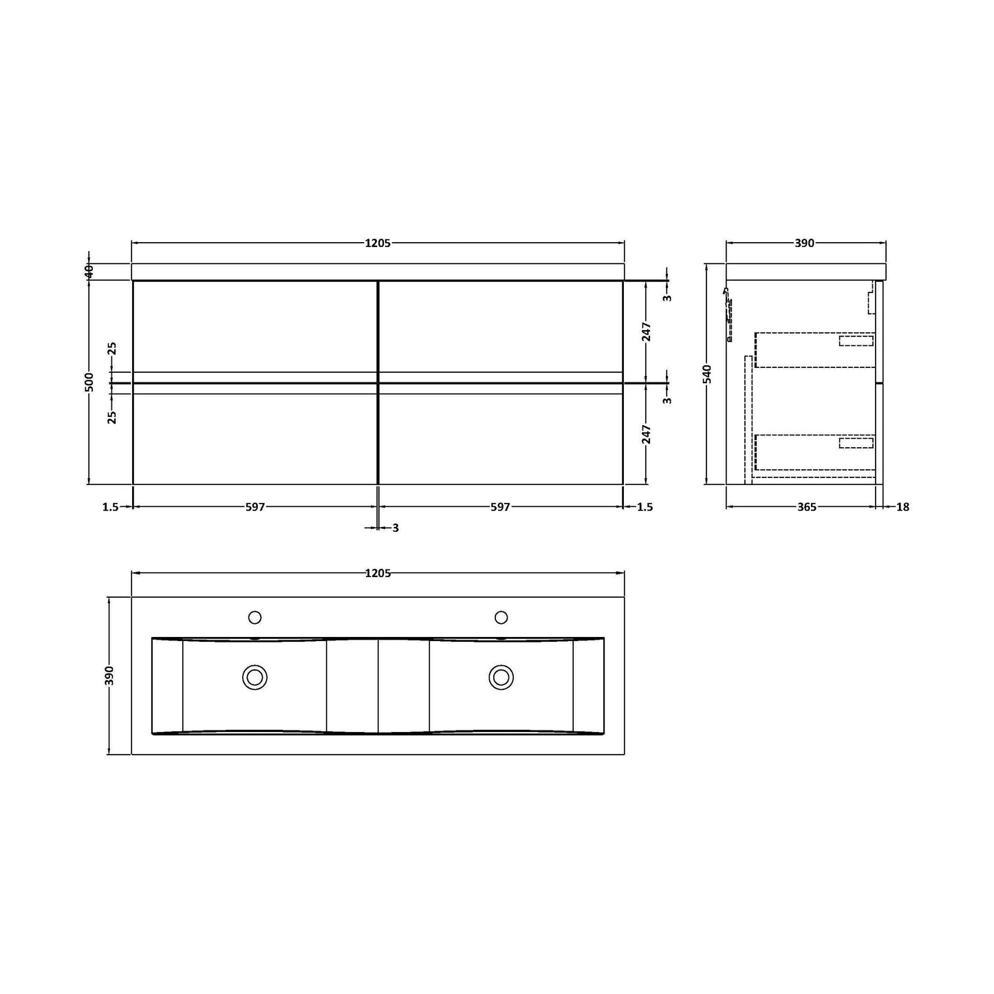 [BFRA1404F] Mavesyn Contemporary 4 Drawer Wall Hung Vanity Unit with Basin, Dark Grey, 1200mm - Technical Drawing