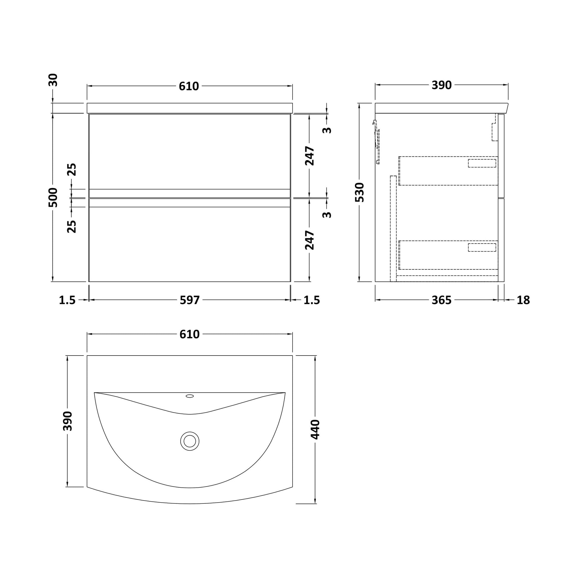 [BFRA1404G] Mavesyn Contemporary 2 Drawer Wall Hung Vanity Unit with Curved Basin, Dark Grey, 600mm - Technical Drawing