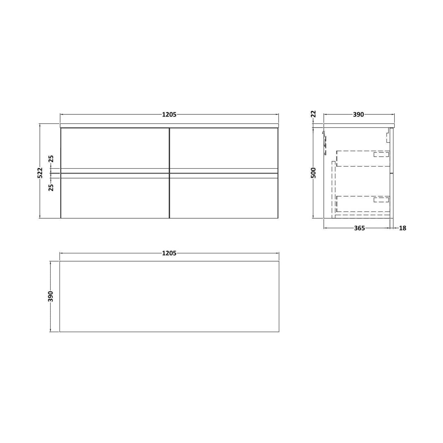 [BFRA1404LCM2] Mavesyn Contemporary 4 Drawer Wall Hung Vanity Unit with Laminate Worktop, Dark Grey, 1200mm - Technical Drawing