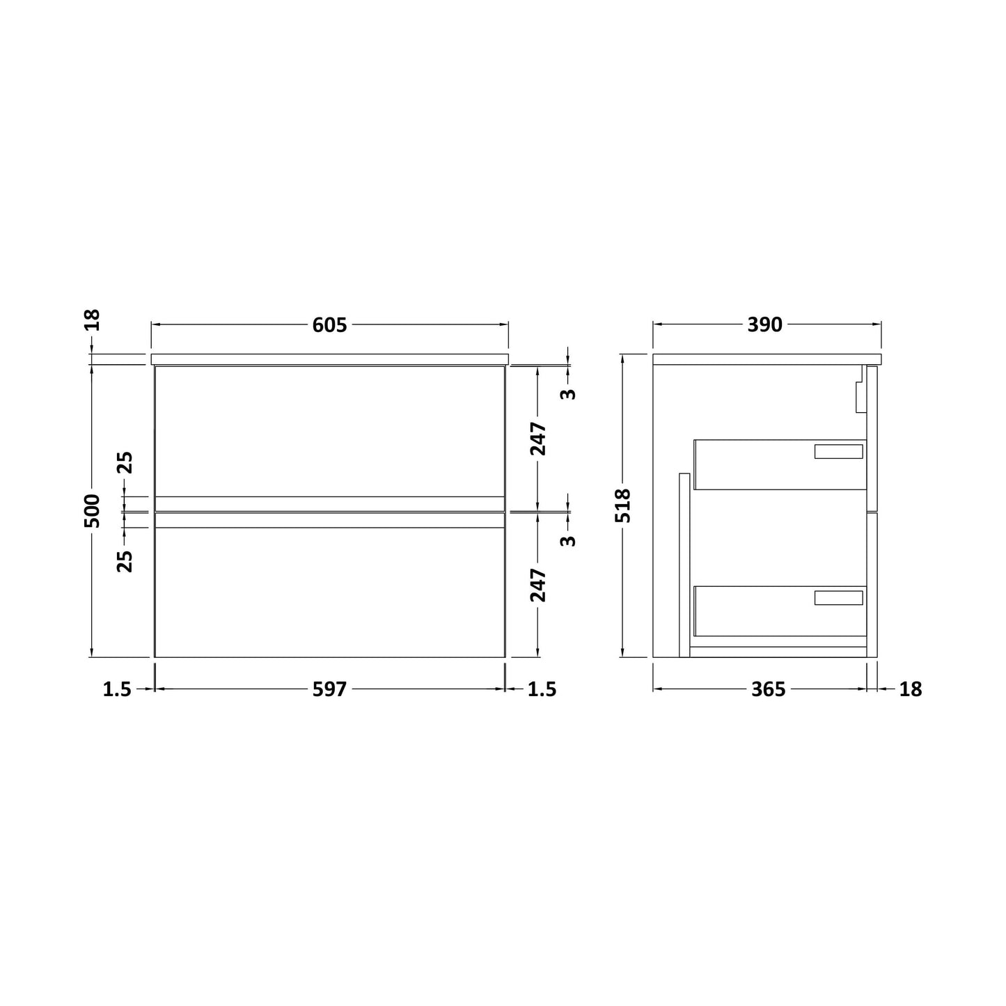 [BFRA1404W] Mavesyn Contemporary 2 Drawer Wall Hung Vanity Unit with Worktop, Dark Grey, 600mm - Technical Drawing