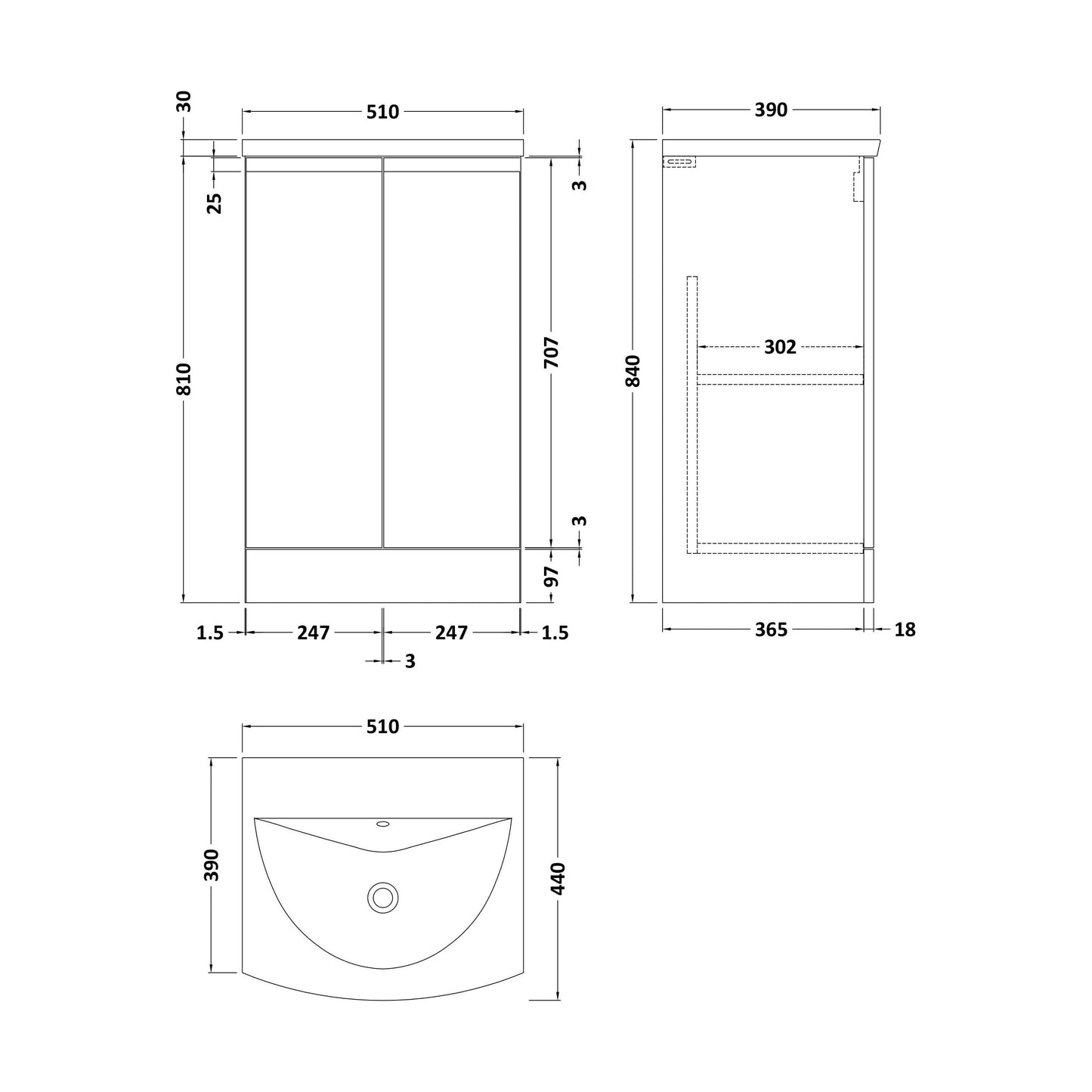 [BFRA1407G] Mavesyn Contemporary 2 Door Floor Standing Vanity Unit with Curved Basin, Dark Grey, 500mm - Technical Drawing