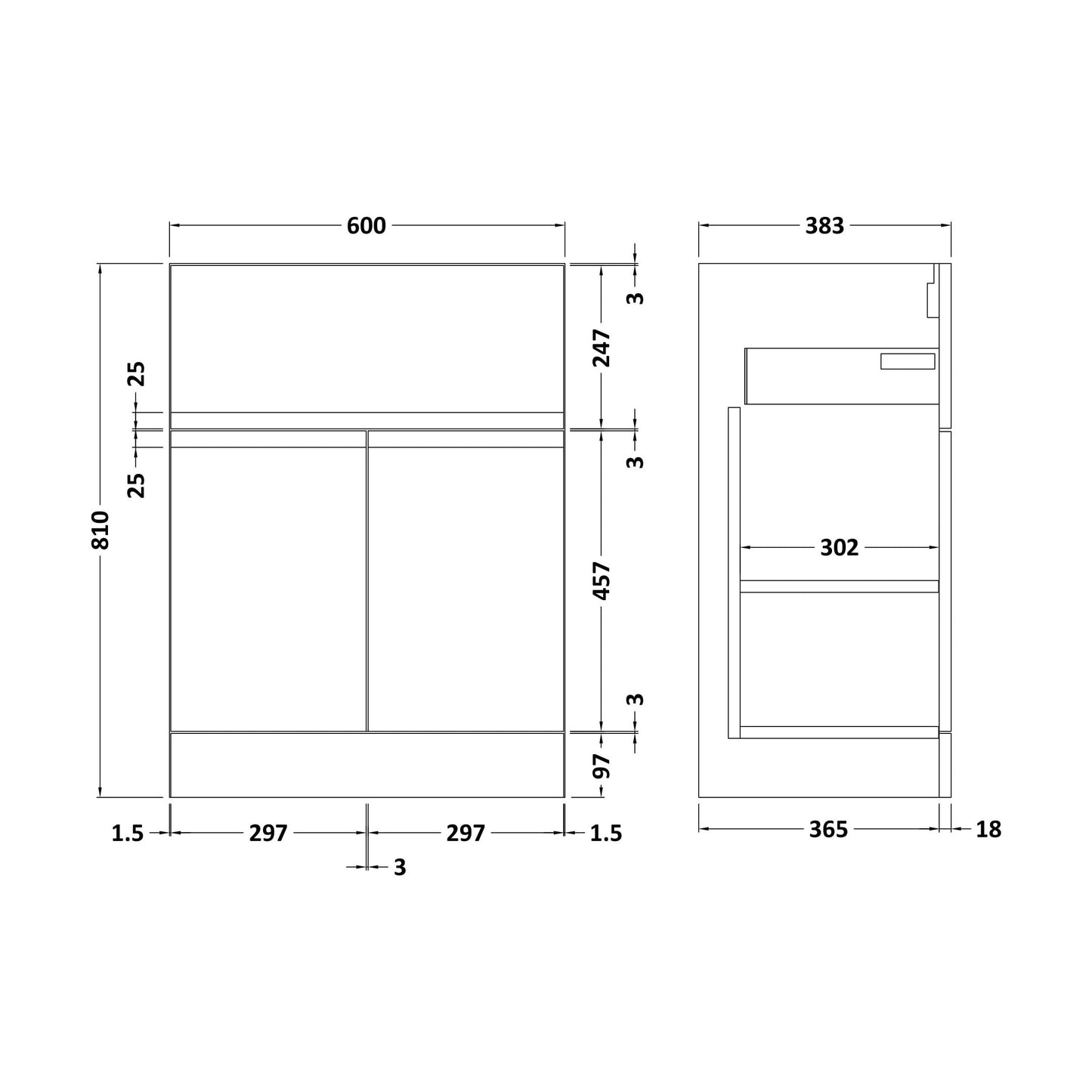 [BFRA1426] 600 F/S 2-Door/Drawer Unit - Technical Drawing