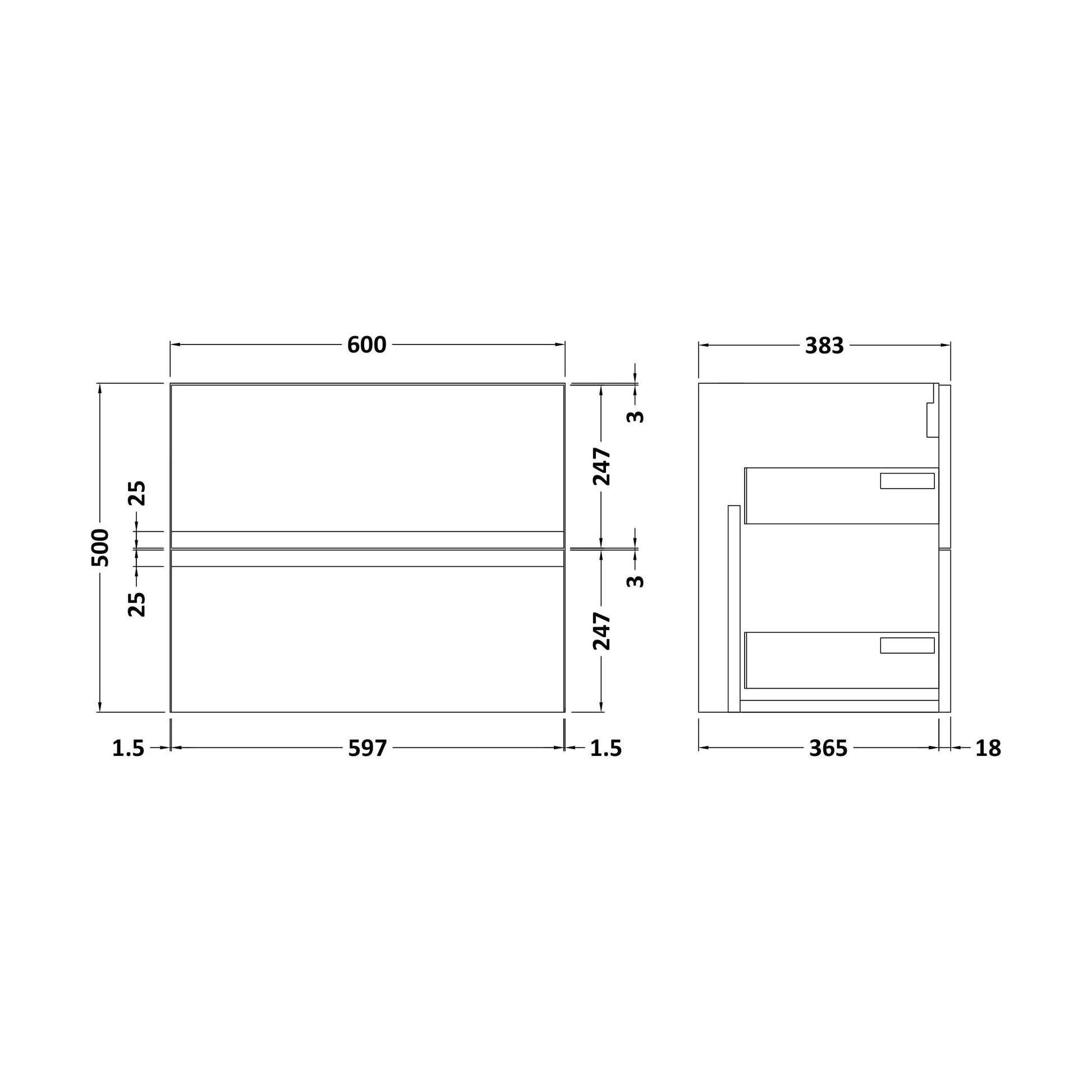 [BFRA193] 600 W/H 2-Drawer Unit - Technical Drawing