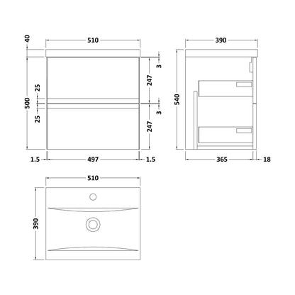 [BFRA202A] Mavesyn Contemporary 2 Drawer Wall Hung Vanity Unit with Mid-Edge Basin, Satin Grey, 500mm - Technical Drawing