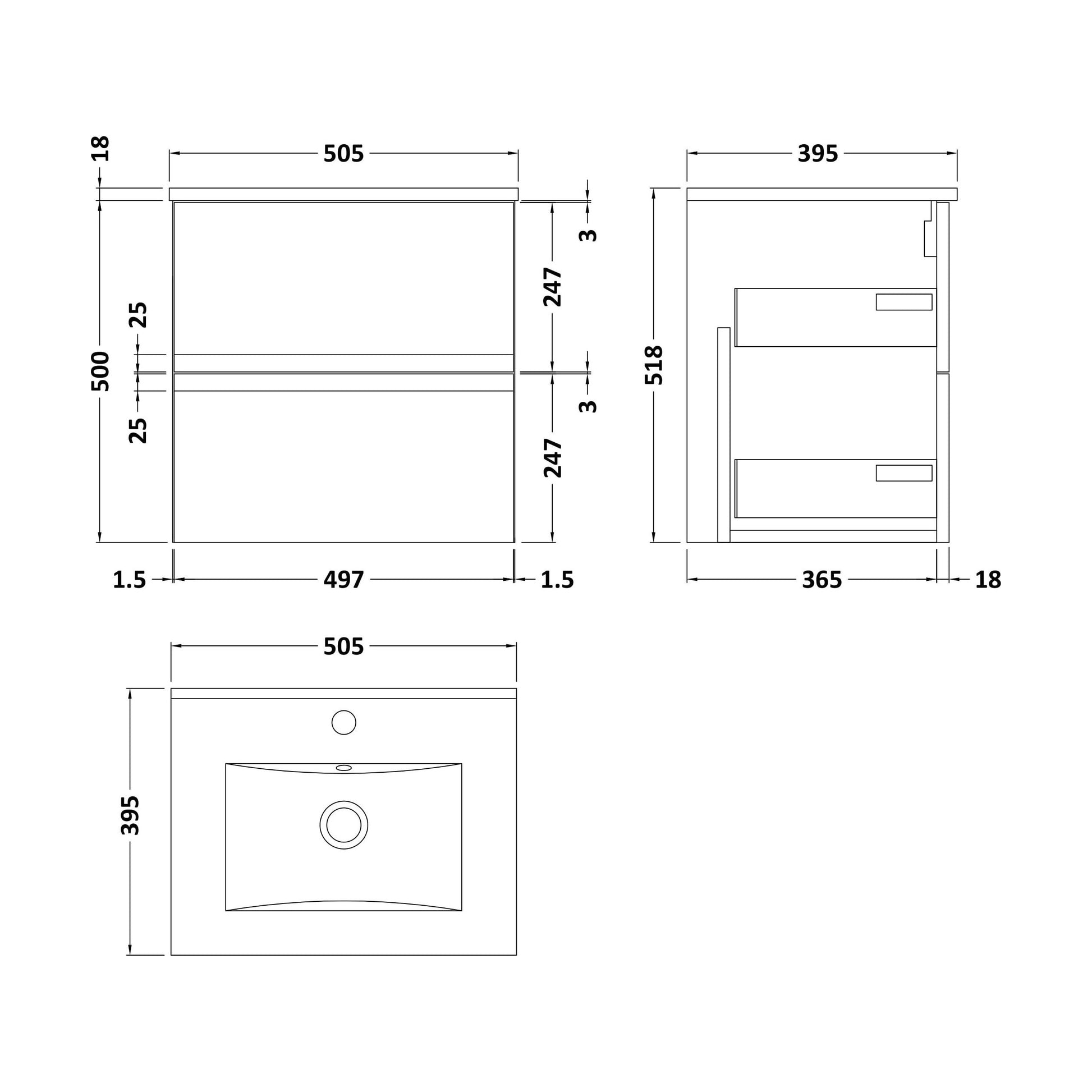 [BFRA202B] Mavesyn Contemporary 2 Drawer Wall Hung Vanity Unit with Minimalist Basin, Satin Grey, 500mm - Technical Drawing