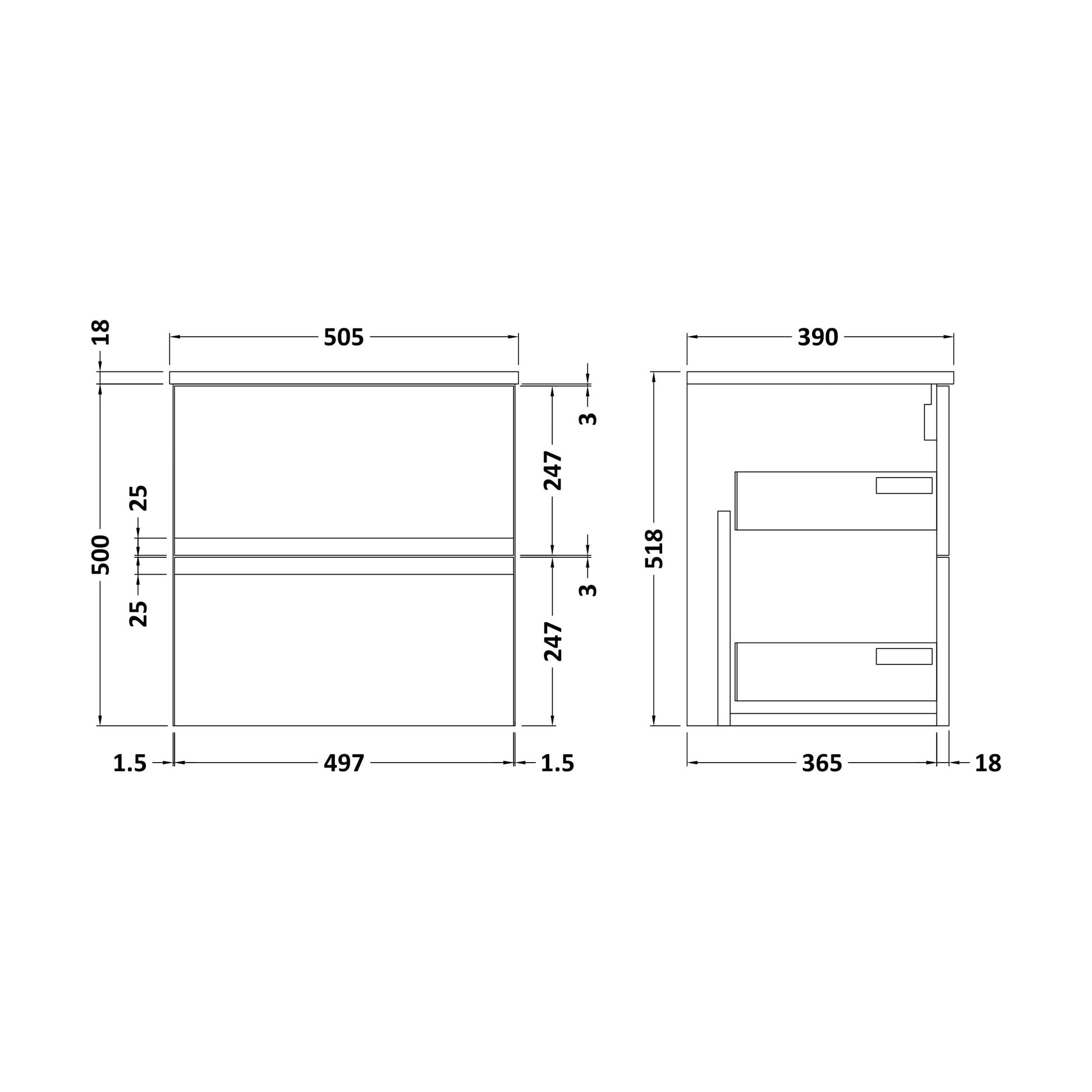 [BFRA202W] Mavesyn Contemporary Wall Hung Vanity Unit with Worktop, Satin Grey, 505mm - Technical Drawing