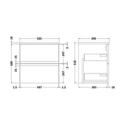 [BFRA202W] Mavesyn Contemporary Wall Hung Vanity Unit with Worktop, Satin Grey, 505mm - Technical Drawing