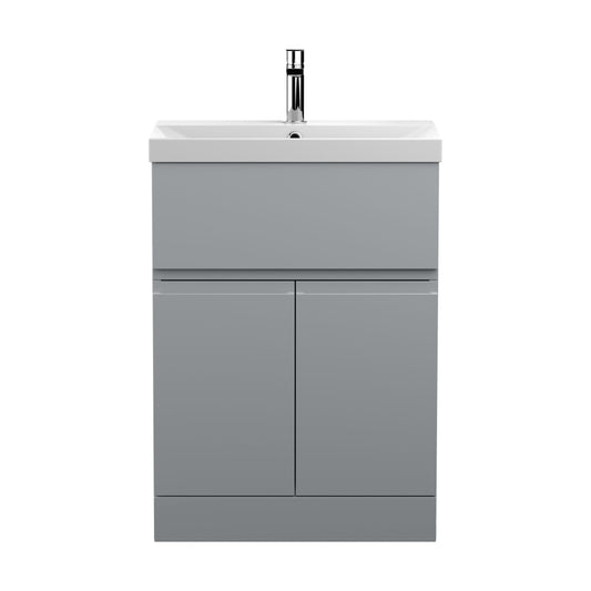 [BFRA203D] Mavesyn Contemporary 2 Door 1 Drawer Floor Standing Vanity Unit with Thin Edge Basin, Satin Grey, 600mm - Cutout