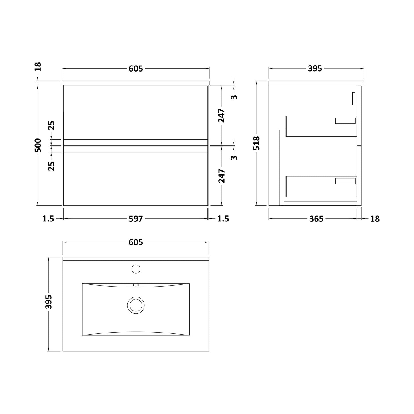 [BFRA204B] Mavesyn Contemporary 2 Drawer Wall Hung Vanity Unit with Minimalist Basin, Satin Grey, 600mm - Technical Drawing