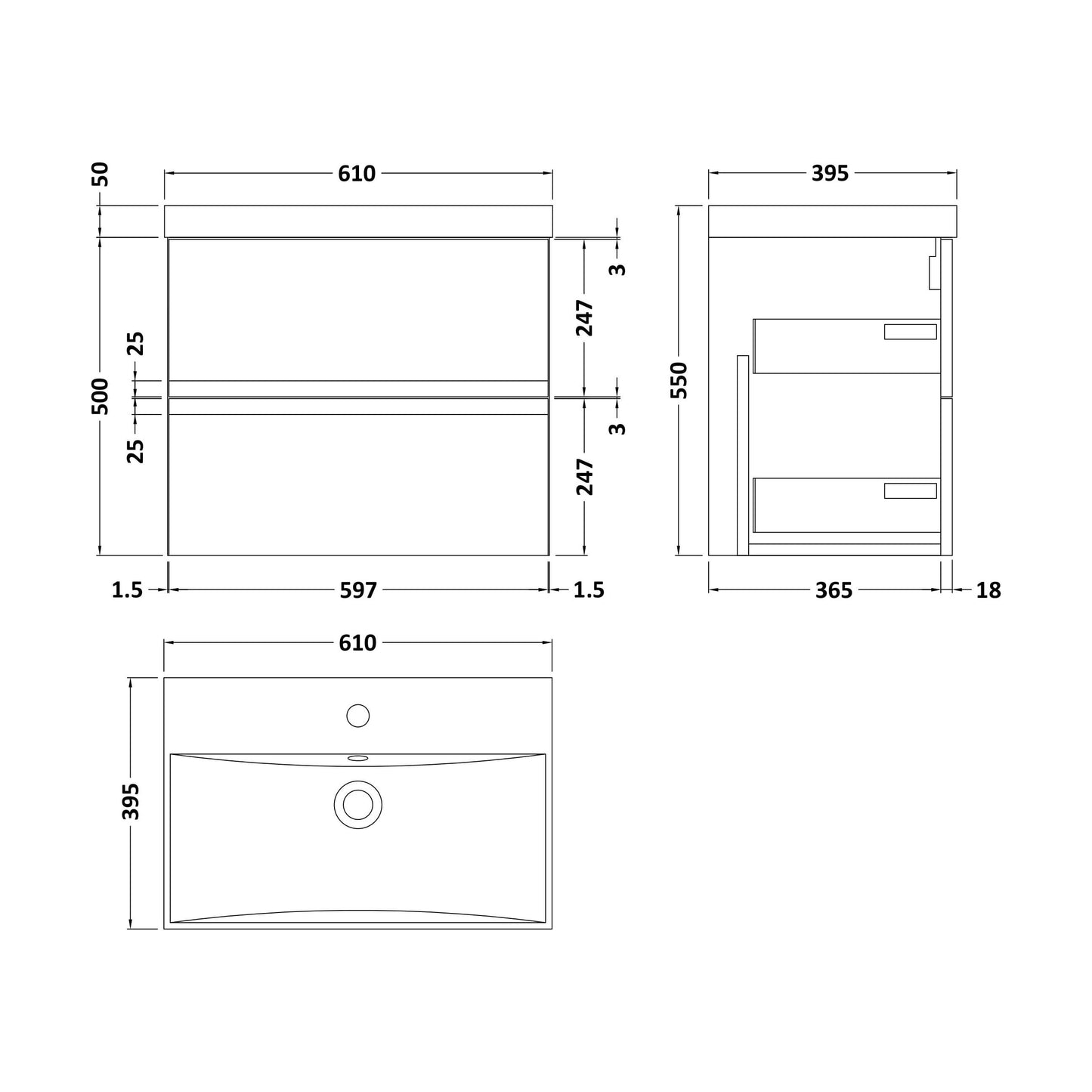 [BFRA204D] Mavesyn Contemporary 2 Drawer Wall Hung Vanity Unit with Thin Edge Basin, Satin Grey, 600mm - Technical Drawing
