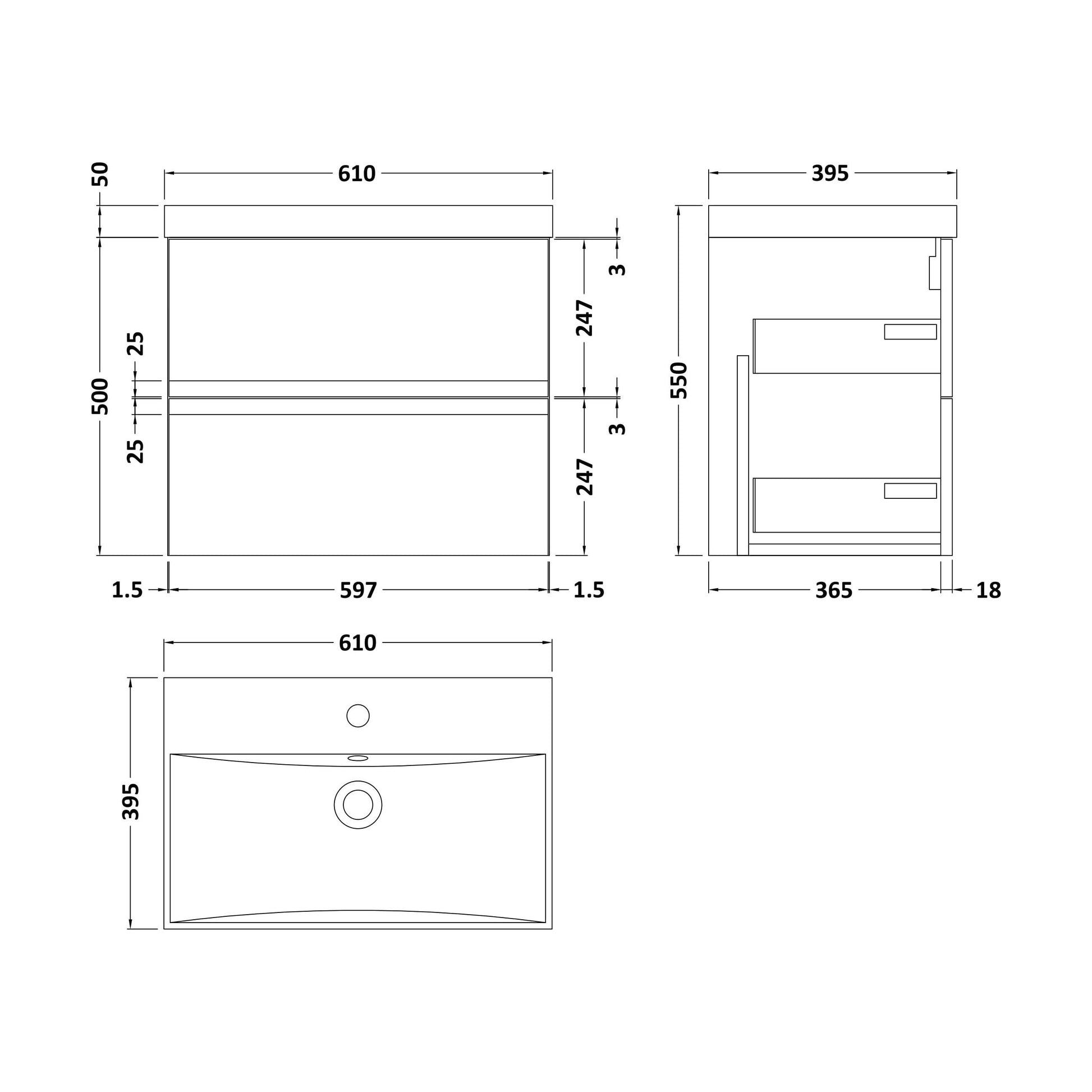 [BFRA204D] Mavesyn Contemporary 2 Drawer Wall Hung Vanity Unit with Thin Edge Basin, Satin Grey, 600mm - Technical Drawing