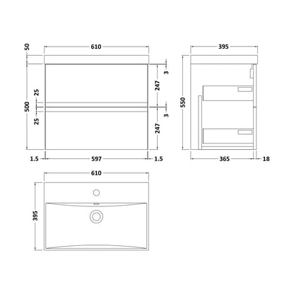 [BFRA204D] Mavesyn Contemporary 2 Drawer Wall Hung Vanity Unit with Thin Edge Basin, Satin Grey, 600mm - Technical Drawing
