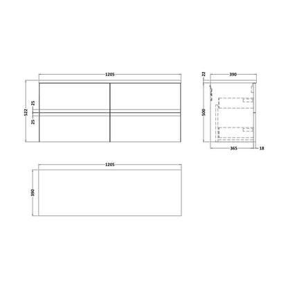 [BFRA204LBG2] Mavesyn Contemporary 4 Drawer Wall Hung Vanity Unit with Laminate Worktop, Satin Grey, 1200mm - Technical Drawing