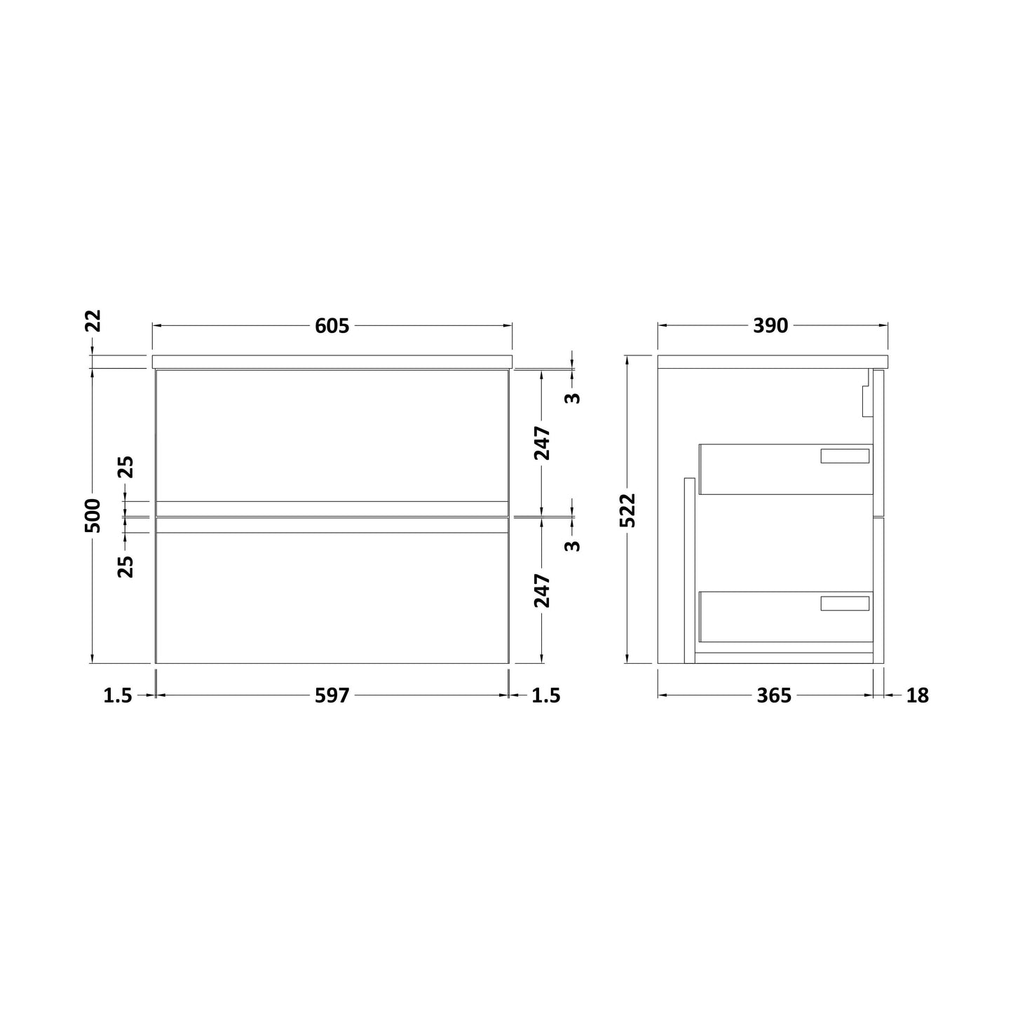 [BFRA204LCM] Mavesyn Contemporary 2 Drawer Wall Hung Vanity Unit with Laminate Worktop, Satin Grey, 600mm - Technical Drawing