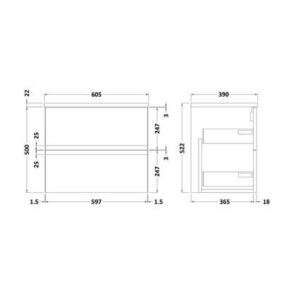 [BFRA204LCM] Mavesyn Contemporary 2 Drawer Wall Hung Vanity Unit with Laminate Worktop, Satin Grey, 600mm - Technical Drawing