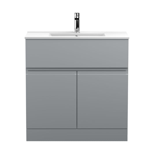 [BFRA205B] Mavesyn Contemporary 2 Door 1 Drawer Floor Standing Vanity Unit with Minimalist Basin, Satin Grey, 800mm - Cutout