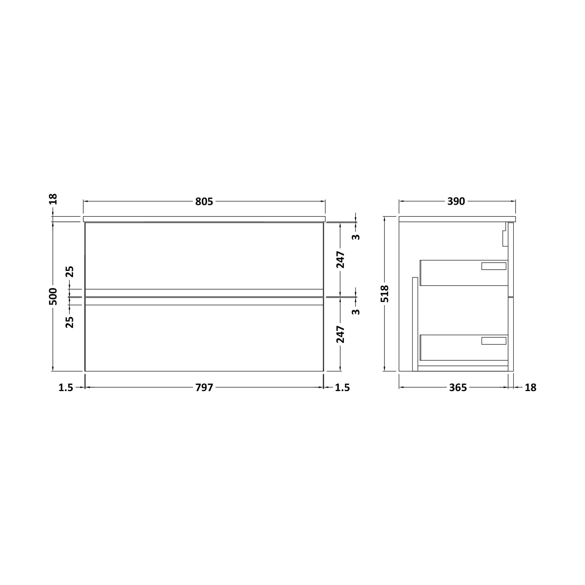 [BFRA206W] Mavesyn Contemporary 2 Drawer Wall Hung Vanity Unit with Worktop, Satin Grey, 800mm - Technical Drawing