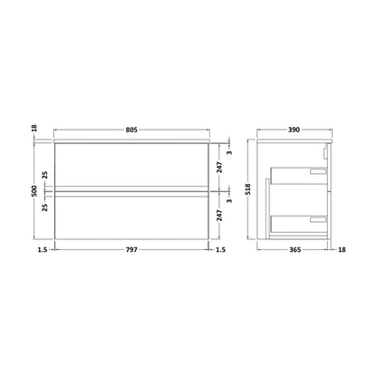 [BFRA206W] Mavesyn Contemporary 2 Drawer Wall Hung Vanity Unit with Worktop, Satin Grey, 800mm - Technical Drawing