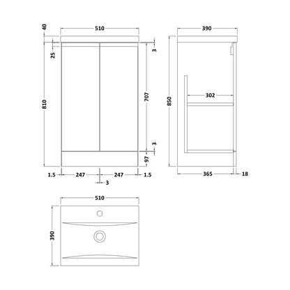 [BFRA207A] Mavesyn Contemporary 2 Door Floor Standing Vanity Unit with Mid-Edge Basin, Satin Grey, 500mm - Technical Drawing