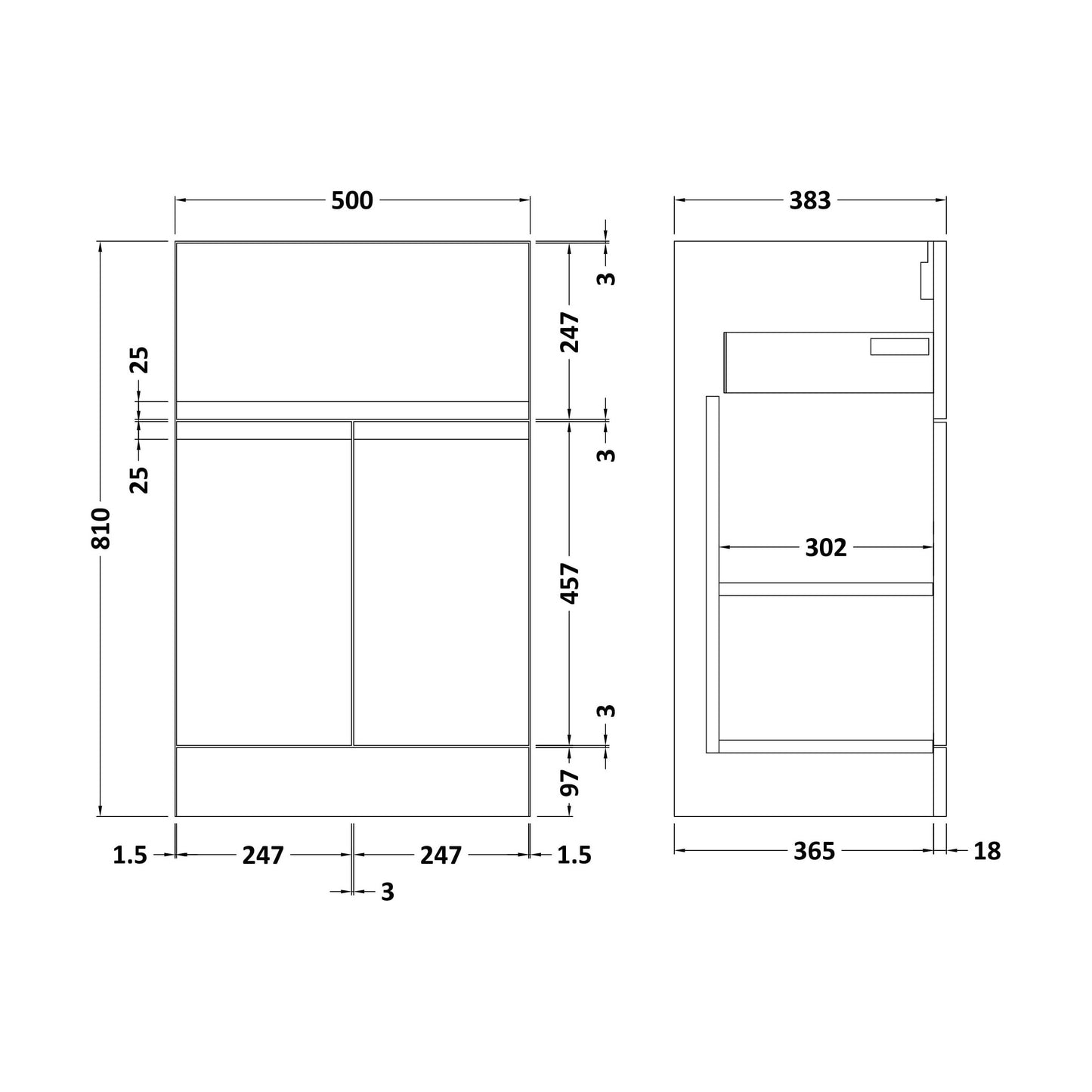 [BFRA224] 500 F/S 2-Door/Drawer Unit - Technical Drawing