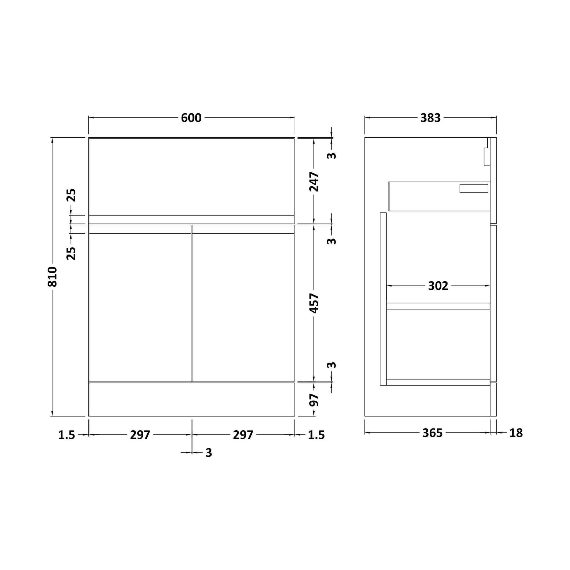 [BFRA226] 600 F/S 2-Door/Drawer Unit - Technical Drawing