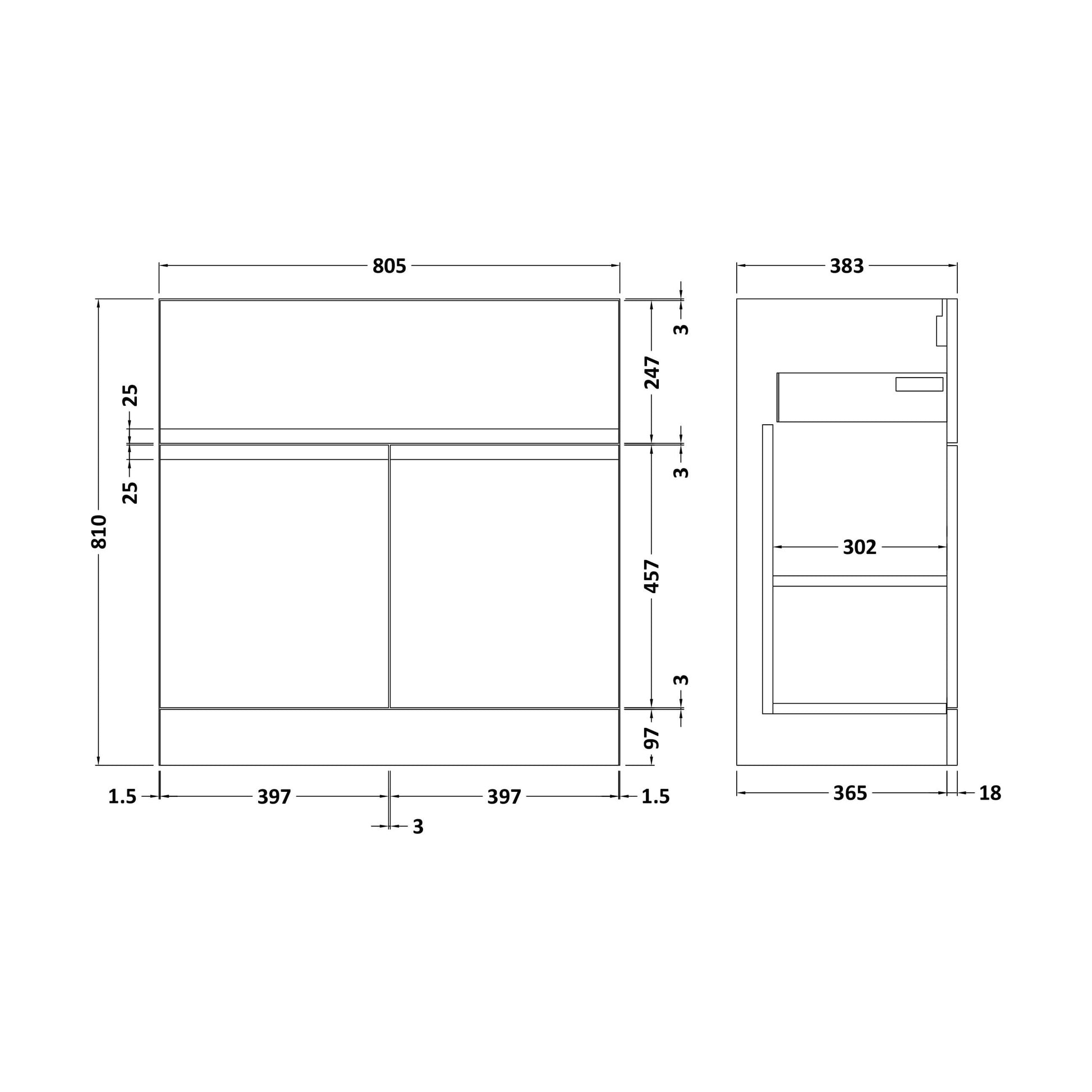 [BFRA228] 800 F/S 2-Door/Drawer Unit - Technical Drawing