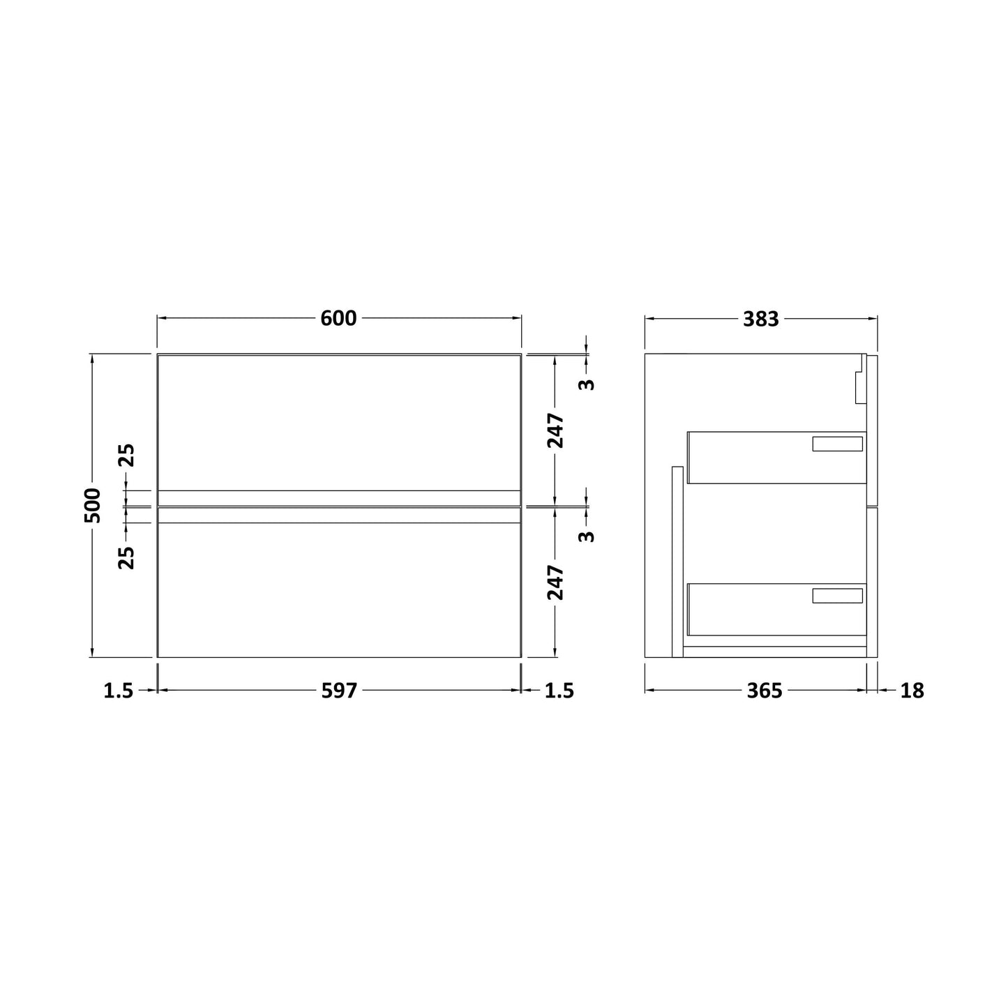 [BFRA293] 600 W/H 2-Drawer Unit - Technical Drawing