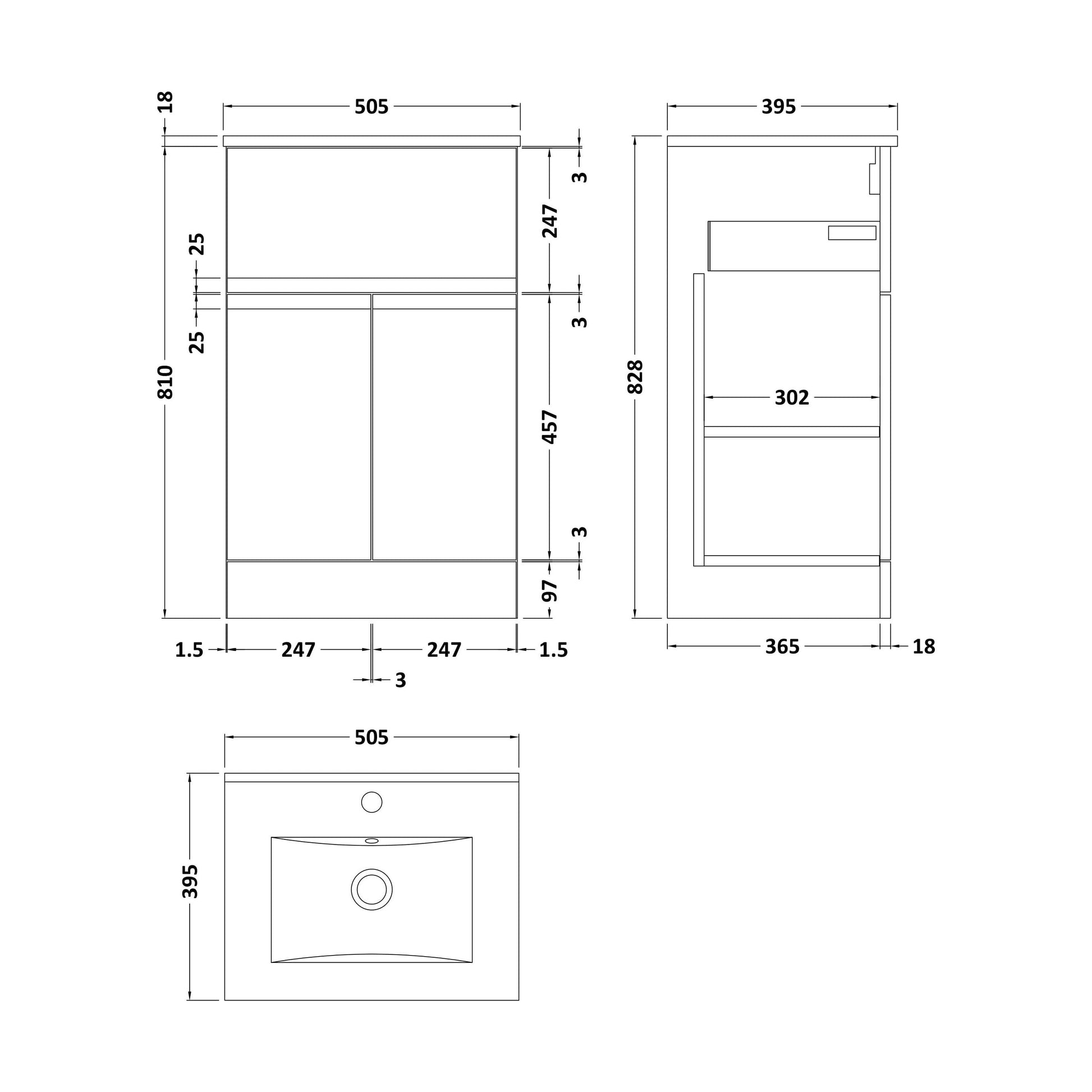 [BFRA301B] Rapture Floor Standing Vanity Basin Unit with Minimalist Ceramic Basin (Tap Not Included), 500mm - Satin Blue - Balterley - Technical Drawing