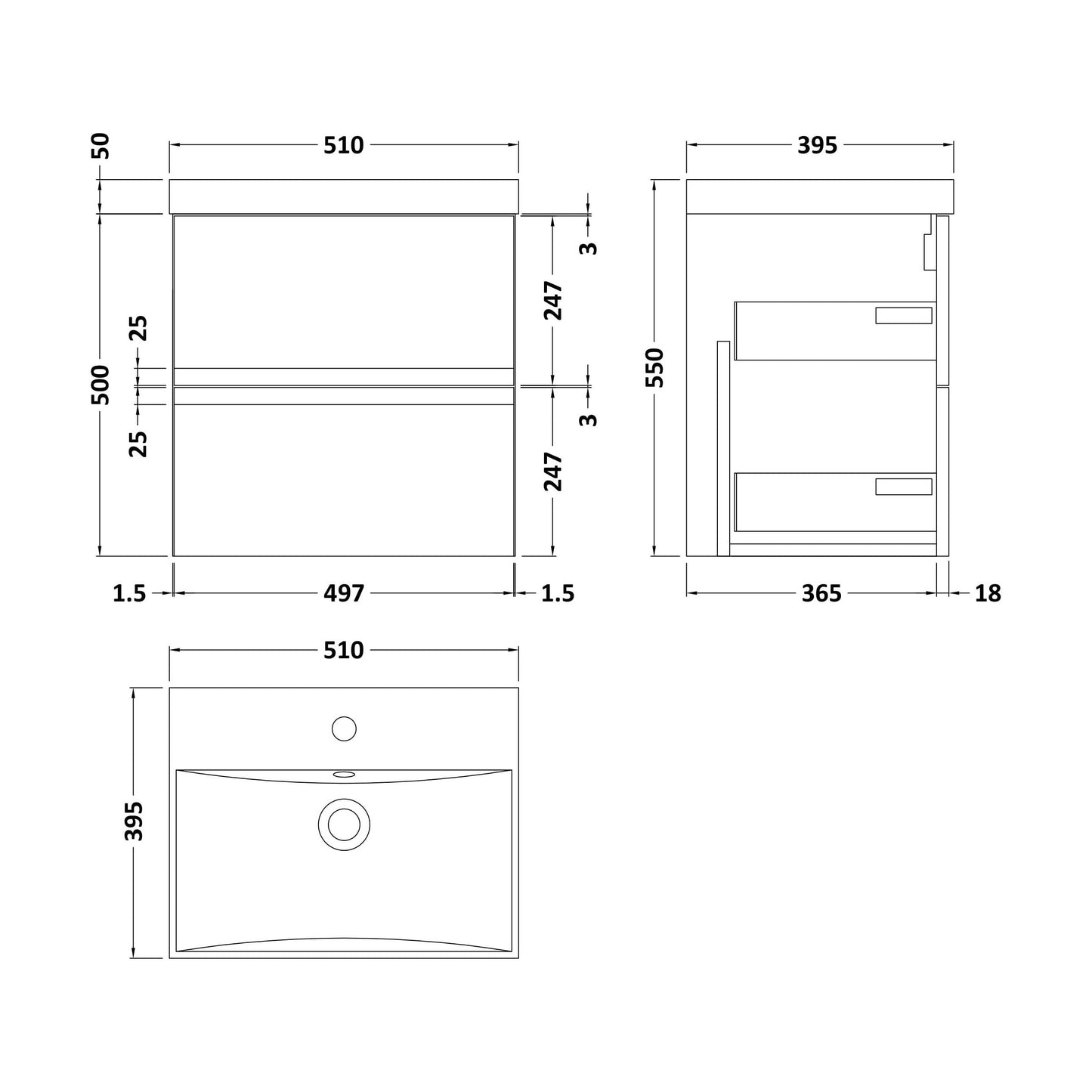 [BFRA302D] Mavesyn Contemporary 2 Drawer Wall Hung Vanity Unit with Thin Edge Basin, Dark Blue, 500mm - Technical Drawing
