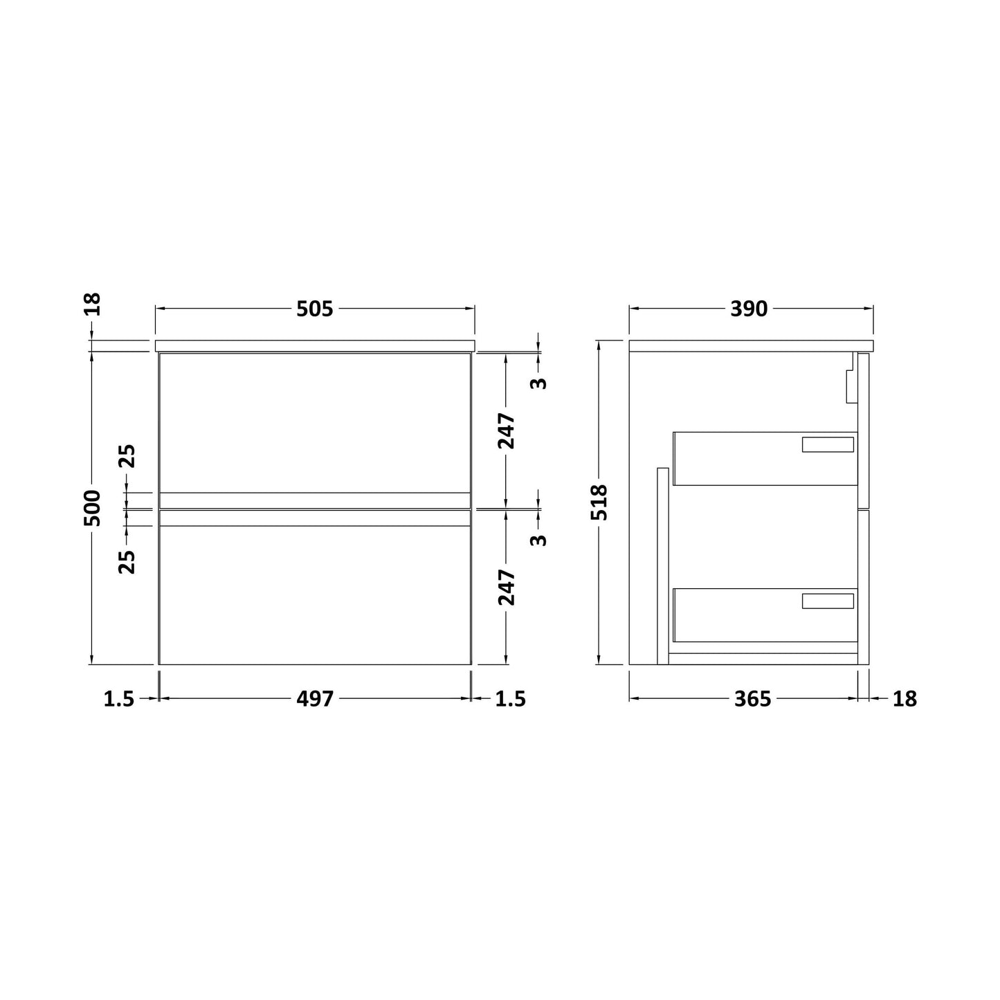[BFRA302W] Mavesyn Contemporary 2 Drawer Wall Hung Vanity Unit with Worktop, Dark Blue, 500mm - Technical Drawing