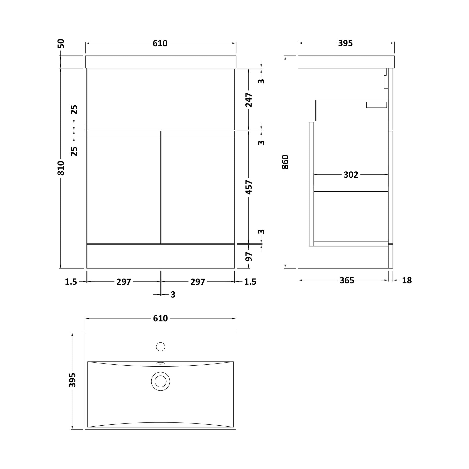 [BFRA303D] Mavesyn Contemporary 2 Door 1 Drawer Floor Standing Vanity Unit with Thin Edge Basin, Dark Blue, 600mm - Technical Drawing