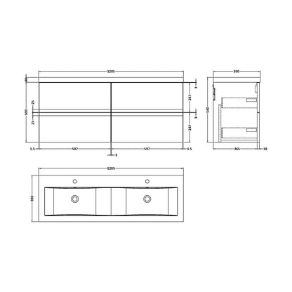 [BFRA304F] Mavesyn Contemporary 4 Drawer Wall Hung Vanity Unit with Basin, Dark Blue, 1200mm - Technical Drawing