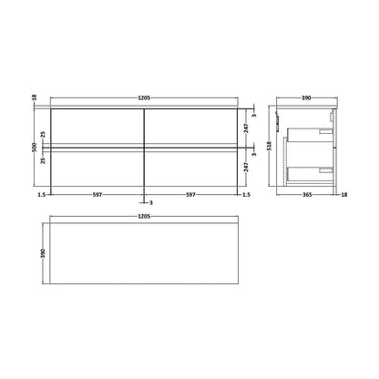 [BFRA304W2] Mavesyn Contemporary 4 Drawer Wall Hung Vanity Unit with Worktop, Dark Blue, 1200mm - Technical Drawing