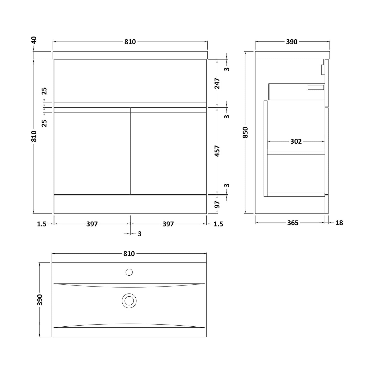 [BFRA305A] Mavesyn Contemporary 2 Door 1 Drawer Floor Standing Vanity Unit with Mid-Edge Basin, Dark Blue, 800mm - Technical Drawing